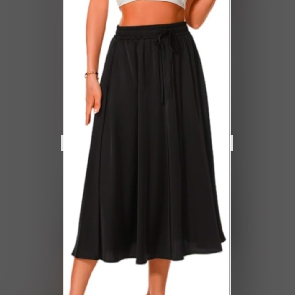 Black Elastic Waist Midi Maxi Full Flowy Skirt With Pockets Size Medium